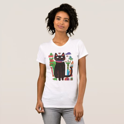 Speelse zwarte kat met kleurrijke Abstracte accent T-shirt (Voorkant volledig)