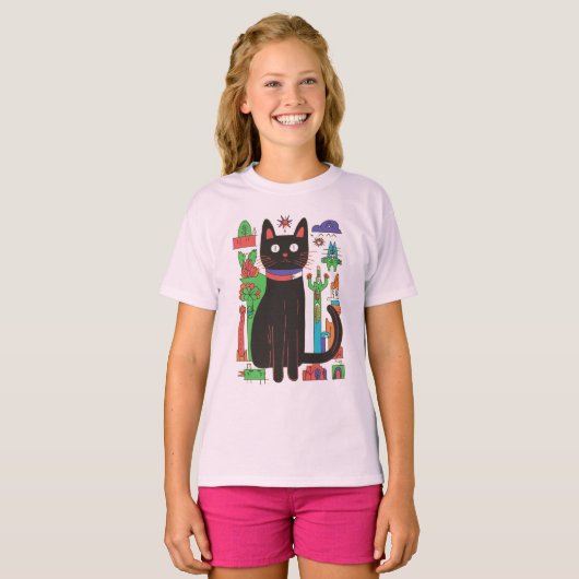 Speelse zwarte kat met kleurrijke Abstracte accent T-shirt (Voorkant volledig)