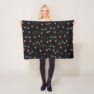 Speelse Zwarte Kattengezichten – Schattig Kawaii Fleece Deken
