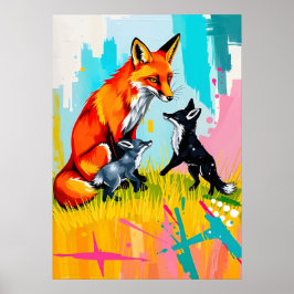 Speeltijd Fox Family - Neon Wildlife Pop Art Poster