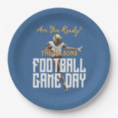 Spel op Football Speler op blauw Papieren Bordje (Voorkant)