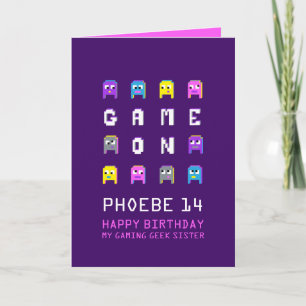 Spel op pixelmonsters gamer zus 14e verjaardag kaart