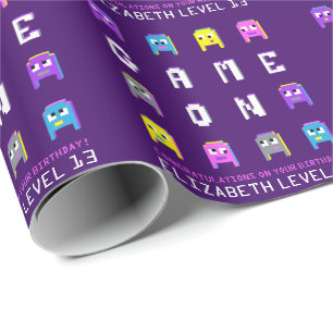 Spel op pixeluitheemse gamers paarse 13e verjaarda cadeaupapier