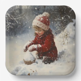 Spelen in de sneeuw papieren bordje