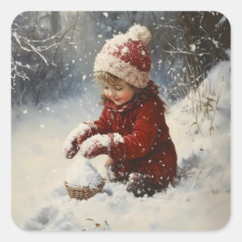 Spelen in de sneeuw vierkante sticker