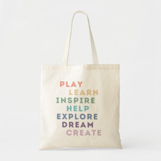 Spelen, leren, inspireren, helpen, verkennen, drom tote bag