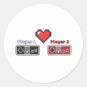 Speler 1 Speler 2 Gamer Koppel Pixel Art 8-bit  Ronde Sticker