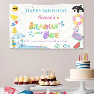 Spetterend in een eerste verjaardag zwembadfeest spandoek