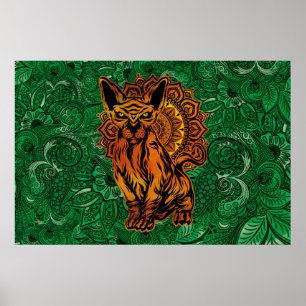 Sphinx Cat Tattoo concept art with a Mandala Back. Poster