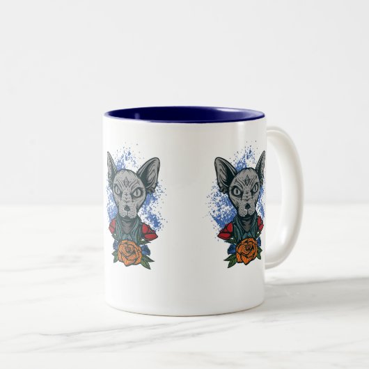 Sphinx-kat met mok van bloemen en koffie. (Voorkant rechts)