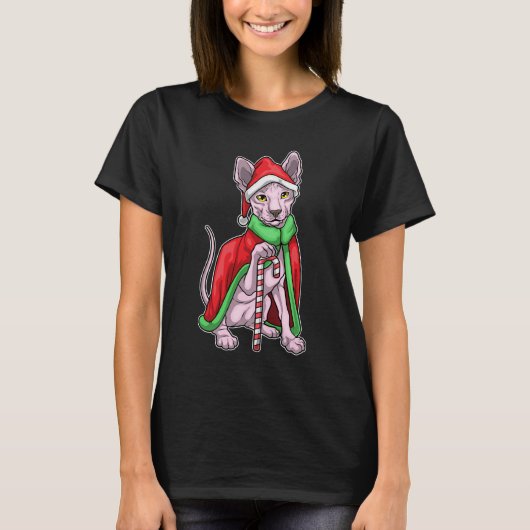 Sphynx Cat Christmas Candy Cane T-shirt (Voorkant)