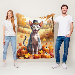 Sphynx Cat in Autumn verlaat Thanksgiving Fleece Deken