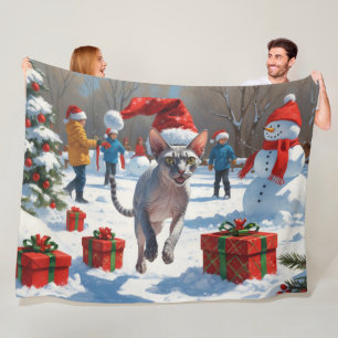 Sphynx Cat Running in Snow met kerst Pet Fleece Deken
