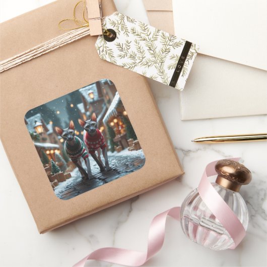 Sphynx Cats Christmas Snow Holiday Vierkante Sticker (Geschenken)