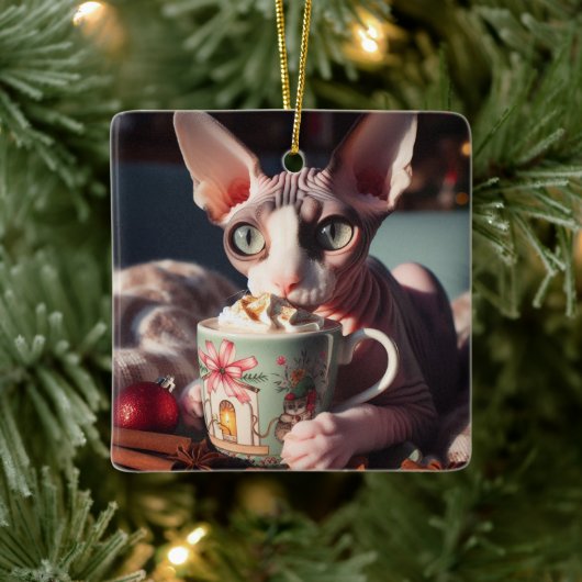 Sphynx Hot Cocoa Cat Christmas Keramisch Ornament (Boom)