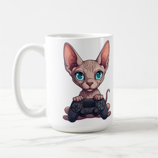 Sphynx kat houdt gamecontroller vast koffiemok (Links)
