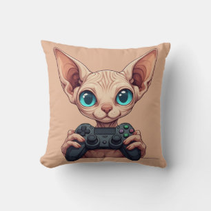Sphynx kat houdt gamecontroller vast kussen