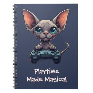 Sphynx kat houdt gamecontroller vast notitieboek
