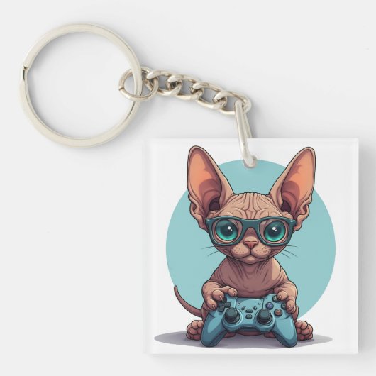 Sphynx kat houdt gamecontroller vast sleutelhanger (voorkant)