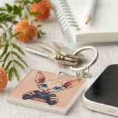 Sphynx kat houdt gamecontroller vast sleutelhanger (Voorkant Rechts)
