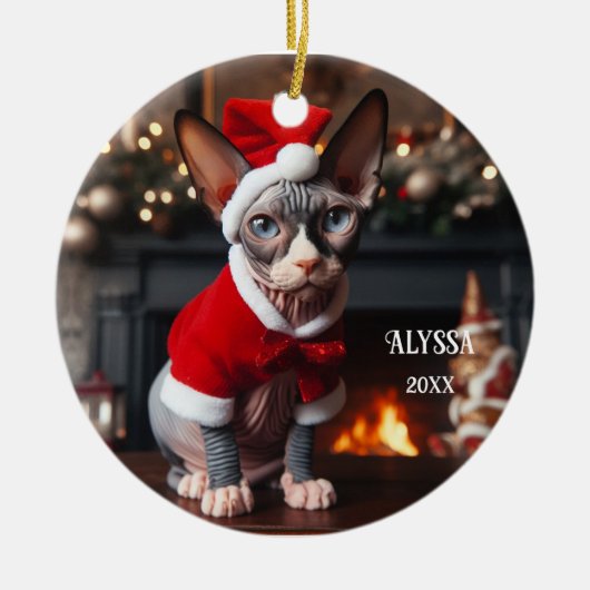 Sphynx Kat in Santa Hat Kerstmis Keramisch Ornament (Voorkant)
