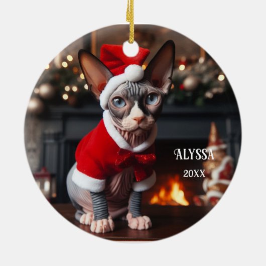 Sphynx Kat in Santa Hat Kerstmis Keramisch Ornament (Achterkant)