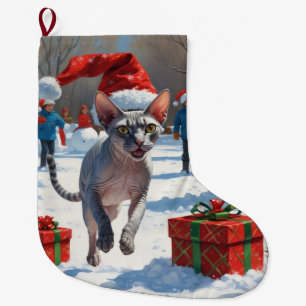 Sphynx kat loopt in de sneeuw met kerstmuts grote kerstsok