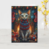 Sphynx kat met kerstcadeaus open haard kaart (Gele Bloem)
