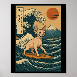 Sphynx Kat Surft op Japanse Golf Kawaii Poster