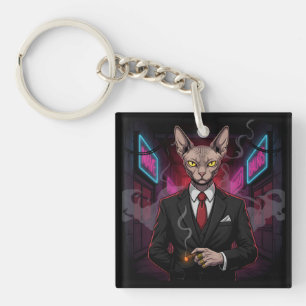 Sphynx Maffia Kat in Neon Noir Stijl Sleutelhanger