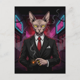 Sphynx Mafia Cat in Neon Noir Style Briefkaart