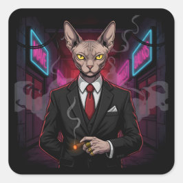 Sphynx Mafia Cat in Neon Noir Style Vierkante Sticker
