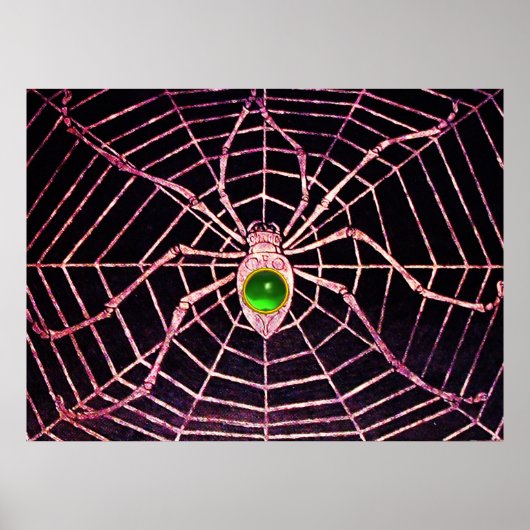 SPIDER EN WEB Green Emerald Gemstone Black Poster (Voorkant)