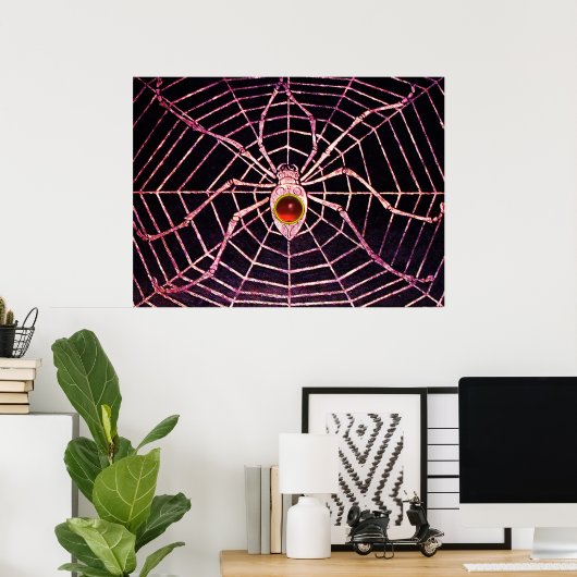 SPIDER en WEB Red Ruby Gemstone Black Poster (Thuiskantoor)