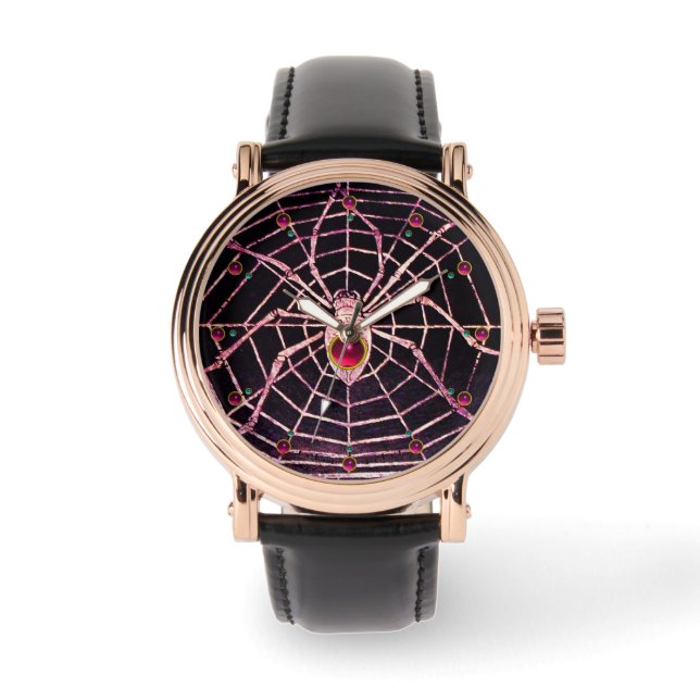 SPIDER en WEB Roze Fuchsia Ruby Black Horloge (Voorkant)