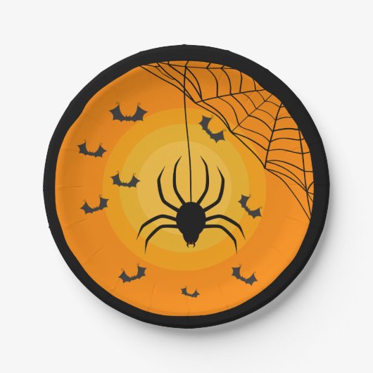 Spider Web Bats Oranje Black Kinder Halloween Part Papieren Bordje (Voorkant)
