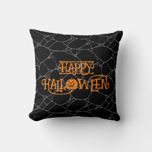 Spider Web Zwart & Wit Sinaasappel Happy Halloween Kussen