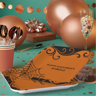 Spiderweb Ornament Sinaasappel Zwart Halloween Papieren Bordje