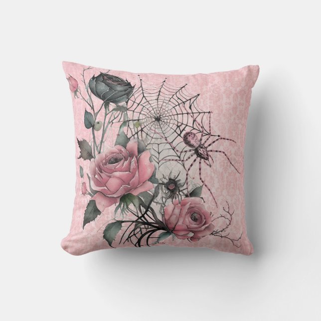 Spiderweb Rozen | Roze Damast Gotische Halloween Kussen (Voorkant)