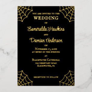 Spiderwebben Black en Gold Gothic Wedding Folie Uitnodiging