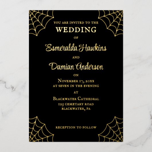 Spiderwebben Black en Gold Gothic Wedding Folie Uitnodiging (Voorkant)