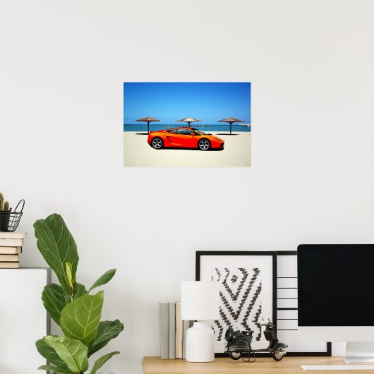 Spierauto Sinaasappel op strand Poster (Thuiskantoor)