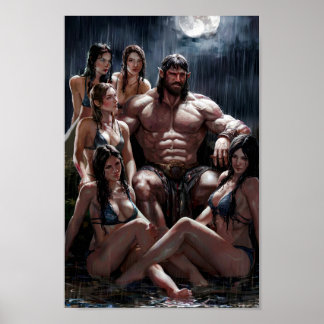 Spierbundige Barbaar Omringd door Seksueuze Vrouwe Poster