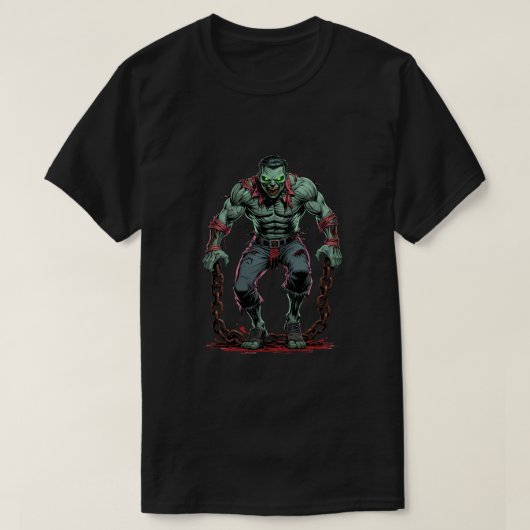 Spierlijke Zombie met Kettingen – Horror T-Shirt D (Design voorkant)