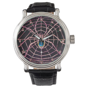 SPIN EN WEB Blauw Saffier, Roze Pareltjes, Zwart Horloge