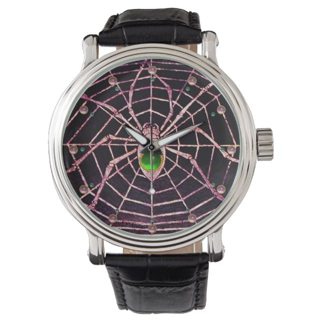 SPIN EN WEB Groene Smaragd Roze Pareltjes, Zwart Horloge (Voorkant)