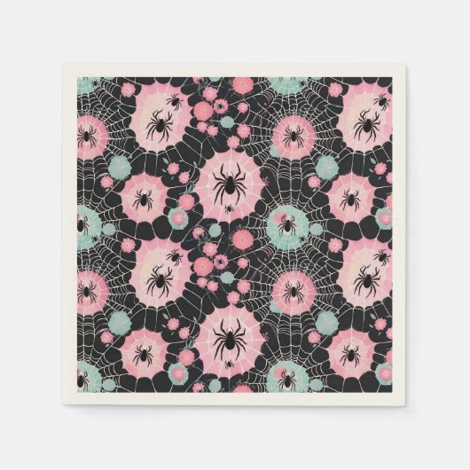 Spinnen en webben in roze en Bleke blues op zwart Servet (Voorkant)