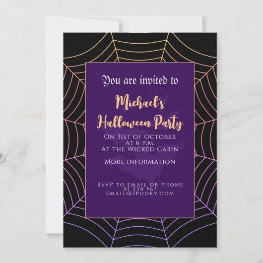 Spinnenweb zwart paarse sinaasappel Halloween Kaart (Voorkant)