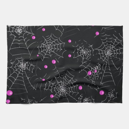 Spinnenwebben en Stippen Modern Zwart Halloween Theedoek (Horizontaal)