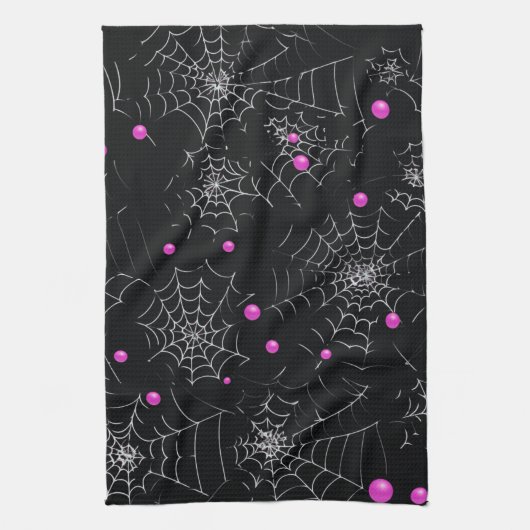 Spinnenwebben en Stippen Modern Zwart Halloween Theedoek (Verticaal)